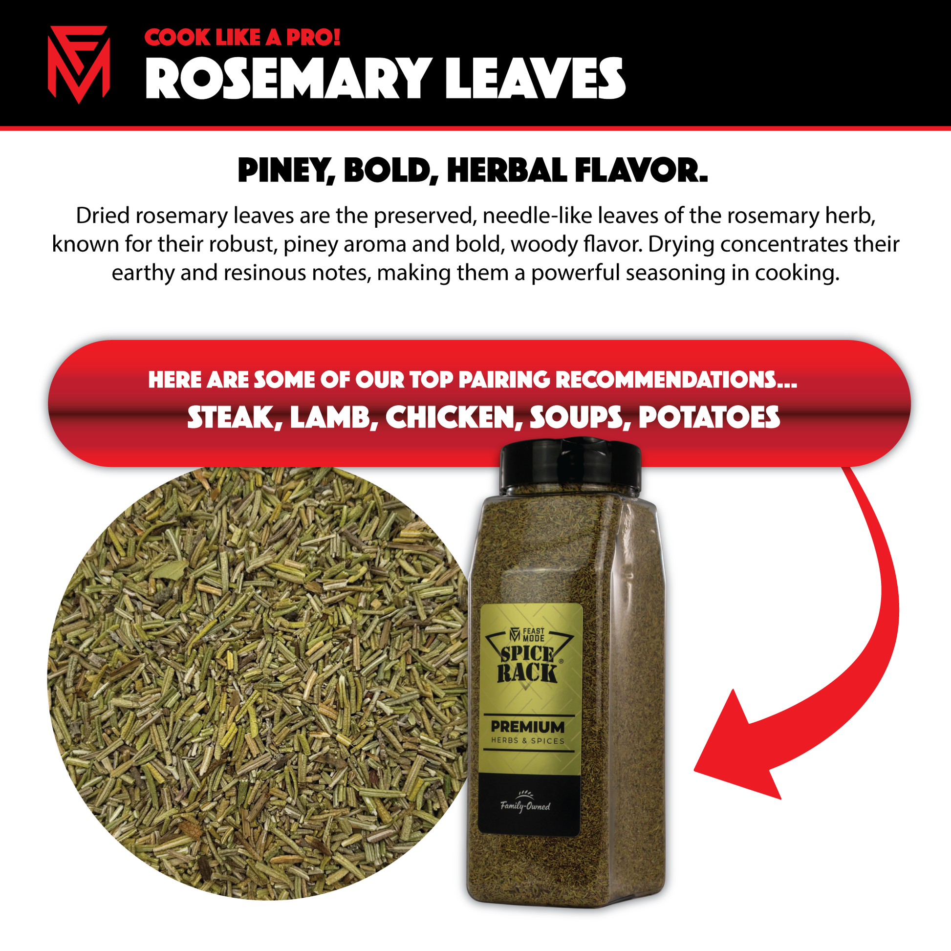 Advertisement for rosemary leaves with a bottle and text about flavor and pairings.